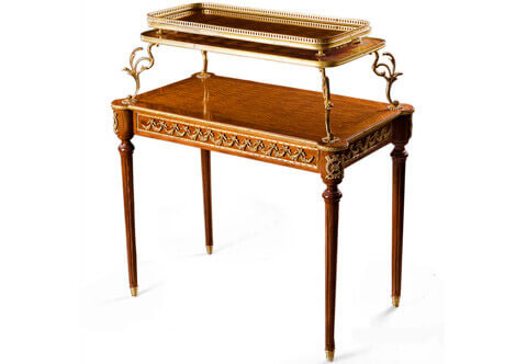Neoclassical Louis XVI style ormolu-mounted crossbanded cut veneer inlaid two tiered Serving Tea Table