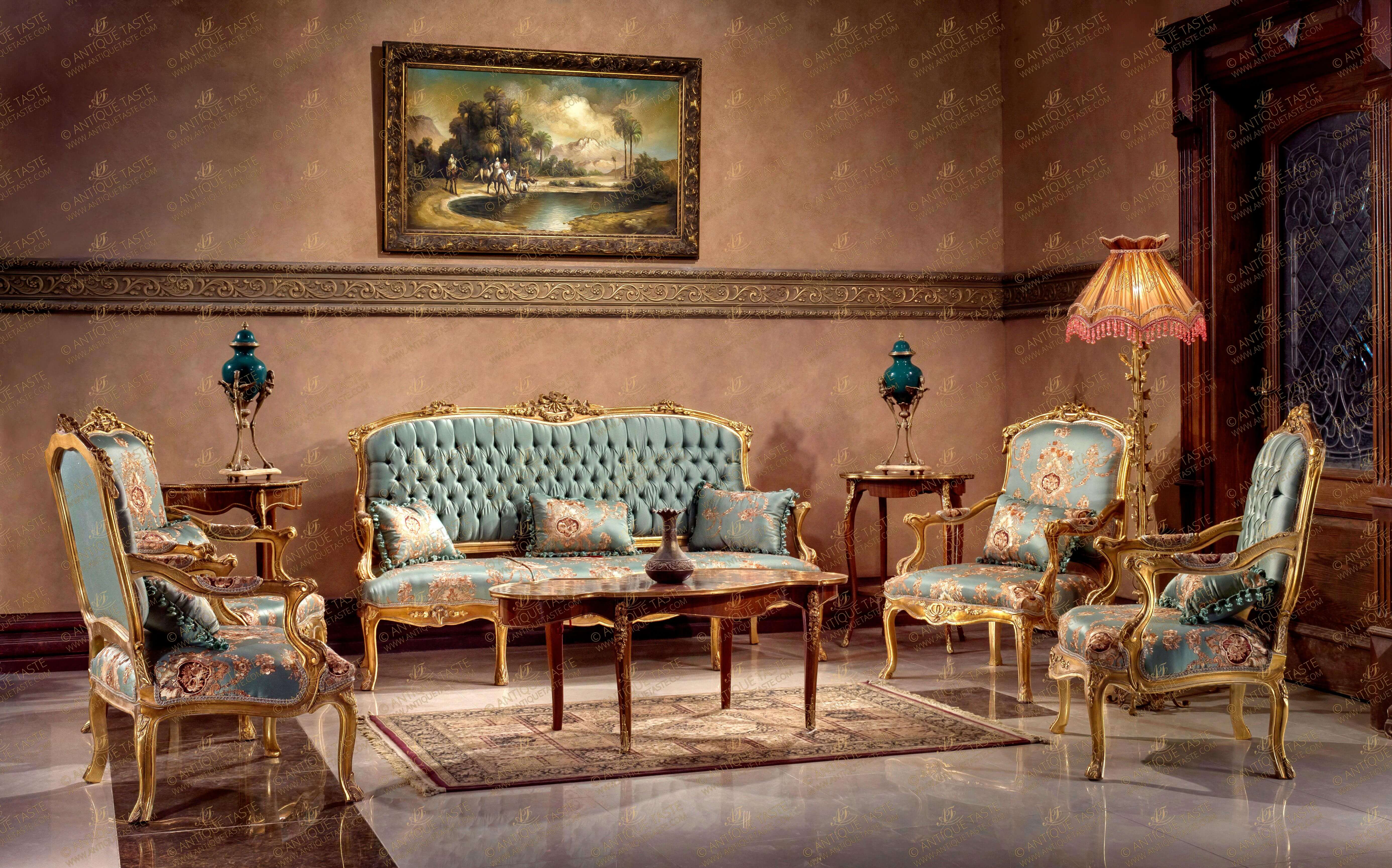 French Louis XIV style hand carved, gilded and patinated three pieces  Deluxe Sofa Set