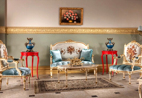 Unique French Louis XVI style carved and distressed grey painted six pieces  dark blue fabric Palatial Grand Salon Set