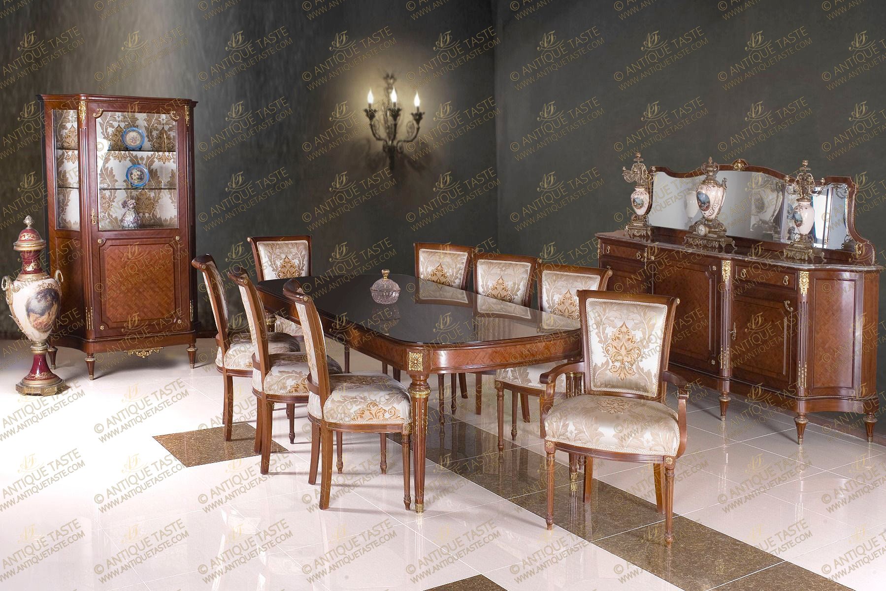 A French Louis XVI Neoclassical style distressed ormolu-mounted, veneer and  parquetry inlaid eleven pieces Dining Room Set