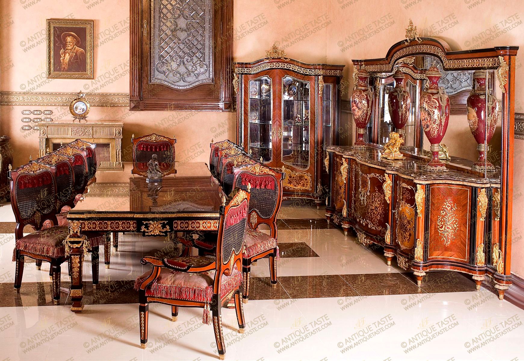 French Louis XIV ormolu-mounted marquetry inlaid Dining Room Set