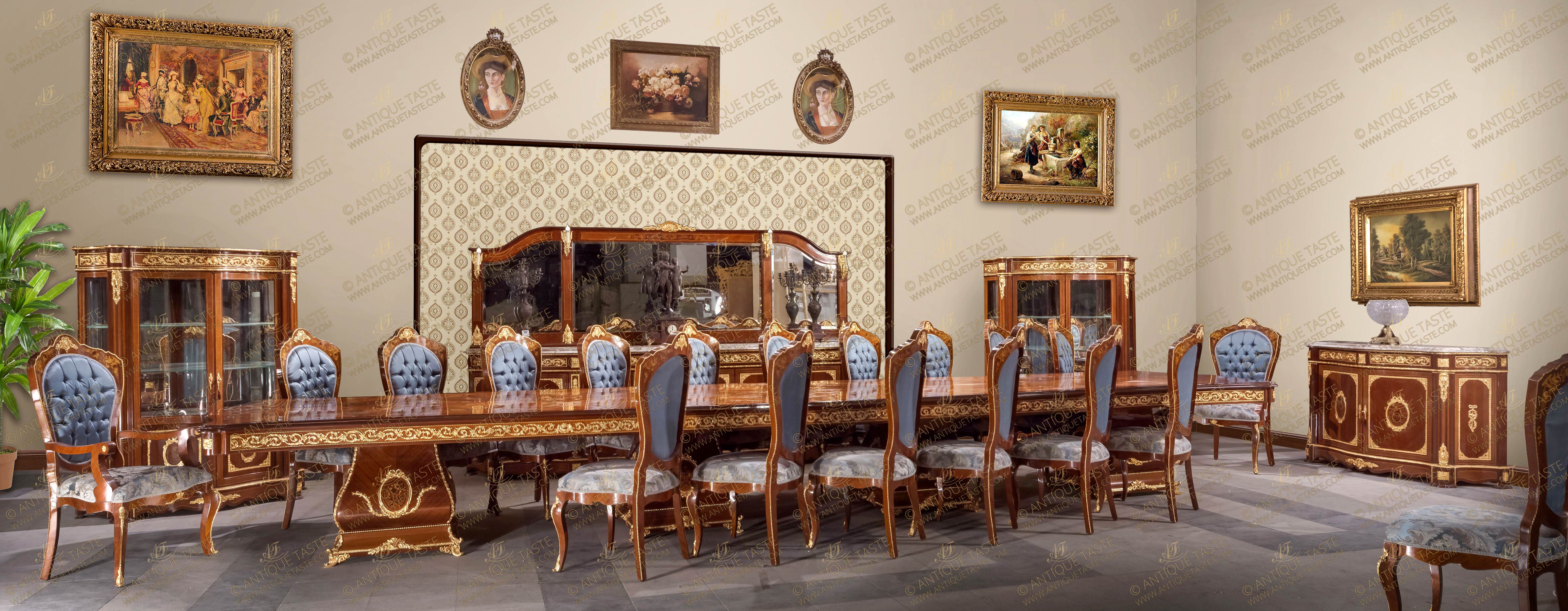 French Napoleon III Louis XV Revival marquetry inlaid 27 Pieces Dining Set